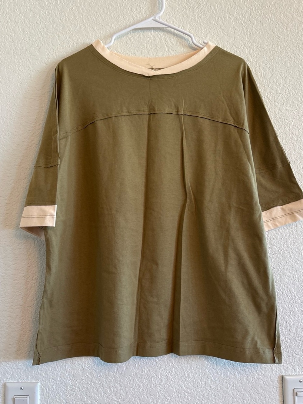Olive Green Short Sleeve Top with Cream Trim